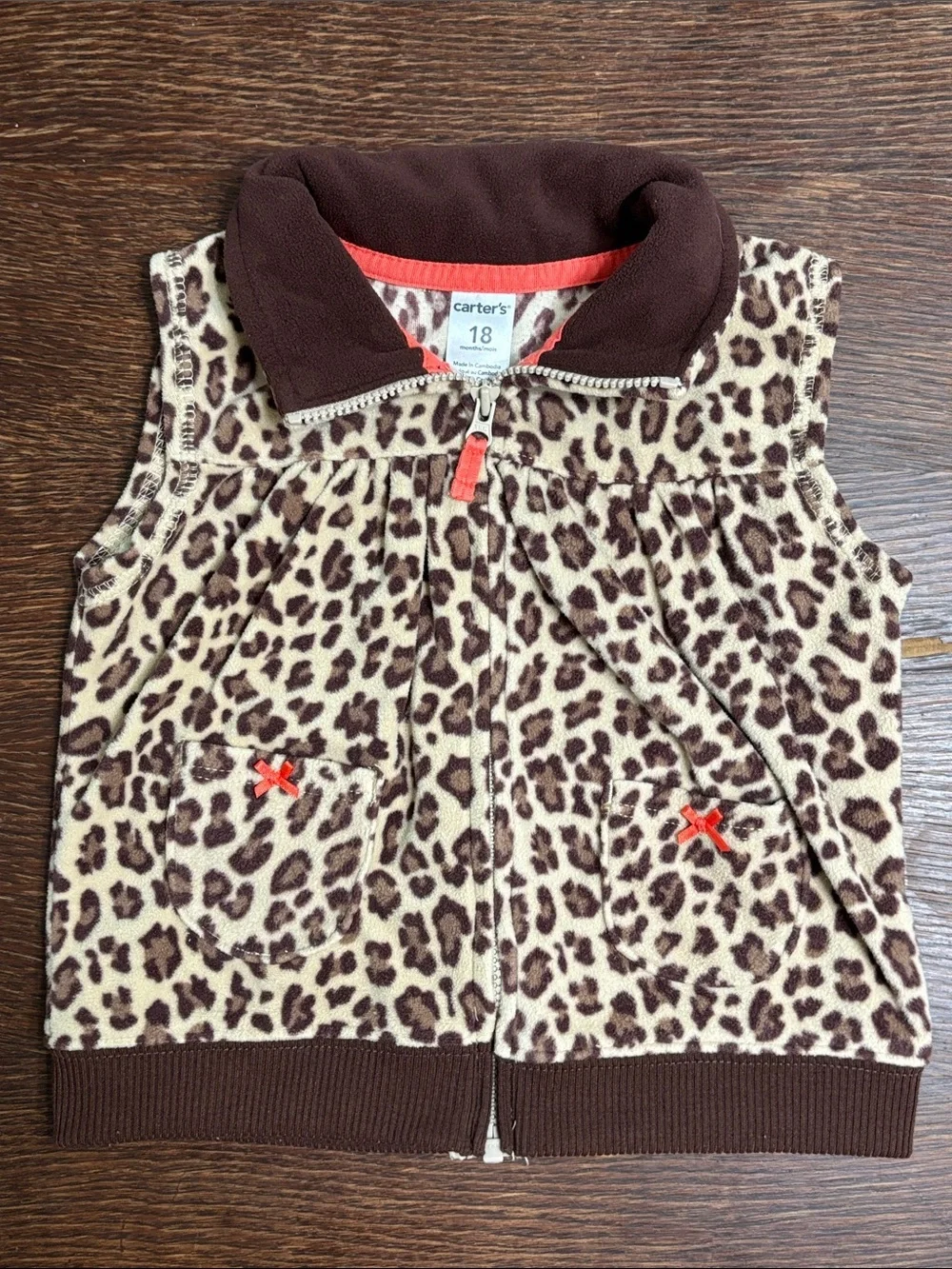 Carter's Leopard Print Zip Vest with Coral Pants Leggings Baby Girl Size 18 mo